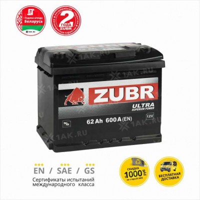 АКБ ZUBR Ultra 62 Ah L+ низкий (242x175x175) 600A